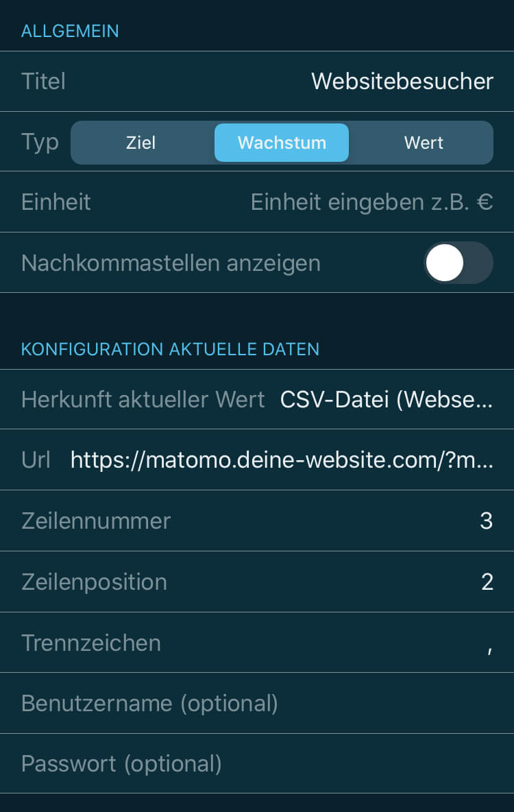 VINIS App Kennzahl Konfiguration Websitebesucher