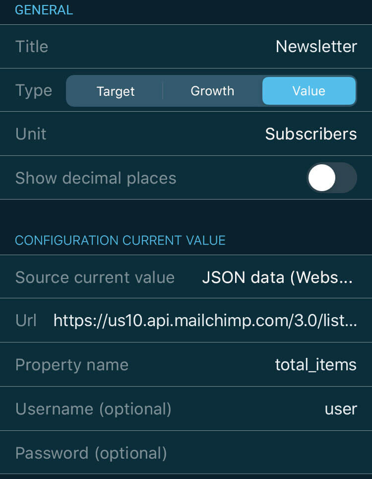 VINIS app key figure configuration for mailchimp