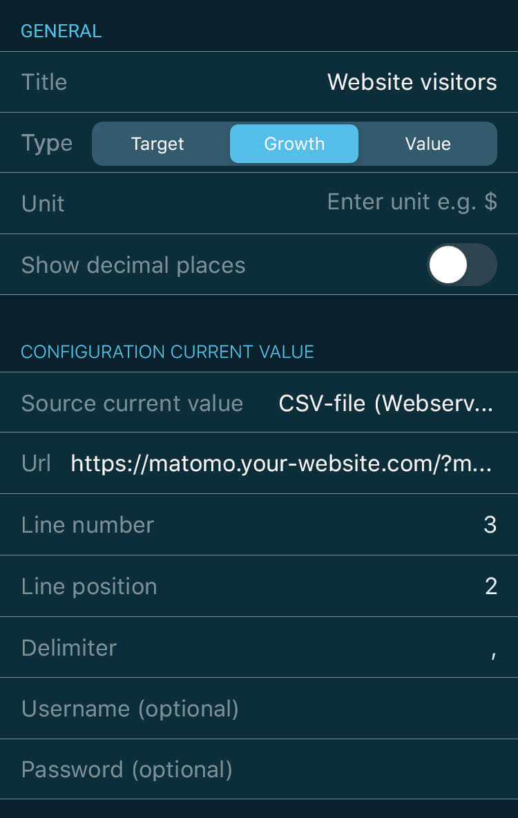 VINIS app key figure configuration for Matomo